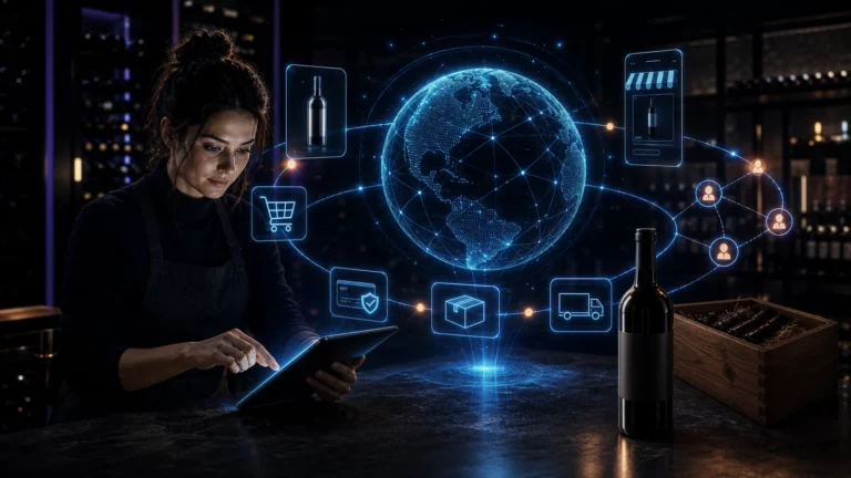 Winzerin steuert auf einem Tablet einen globalen holografischen Verkaufs- und Versandprozess für Wein.