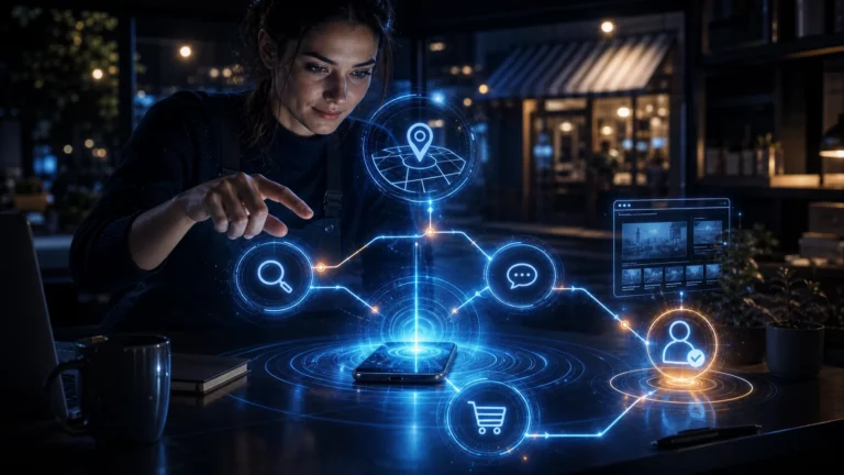 Unternehmerin steuert eine digitale Kundenreise aus kurzen mobilen Such- und Kaufmomenten.