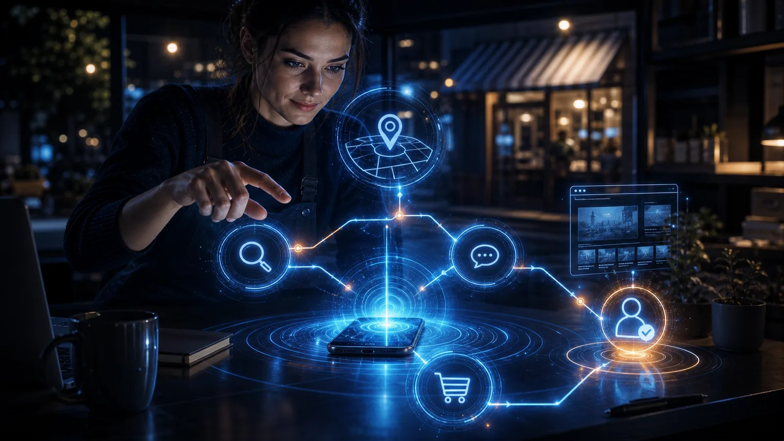 Unternehmerin steuert eine digitale Kundenreise aus kurzen mobilen Such- und Kaufmomenten.