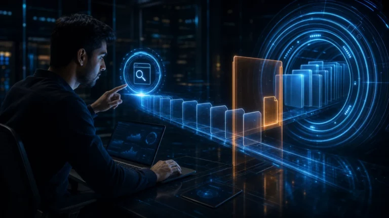 SEO-Techniker prüft entdeckte Seiten, die vor einem holografischen Index-Tresor warten.
