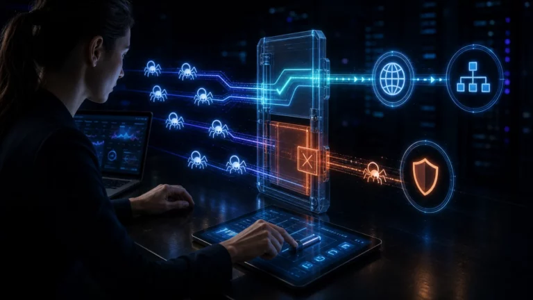 Technische SEO-Operatorin steuert erlaubte und gesperrte Crawler-Wege an einem holografischen Zugangstor.