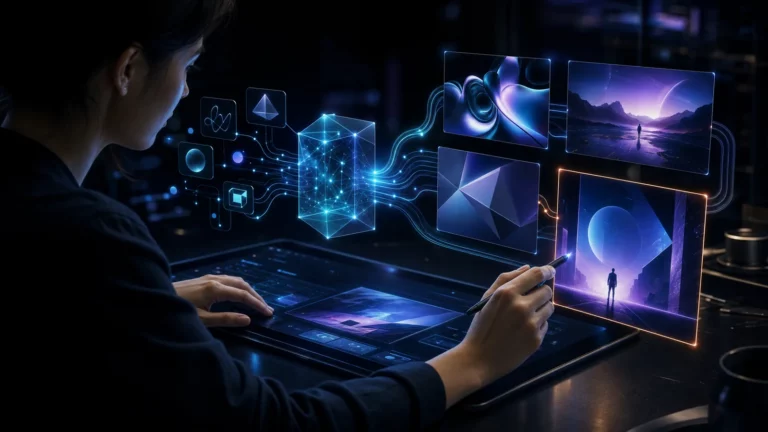 Designerin erzeugt mit Stylus und Tablet aus geometrischen Ideen mehrere holografische Bildentwürfe.