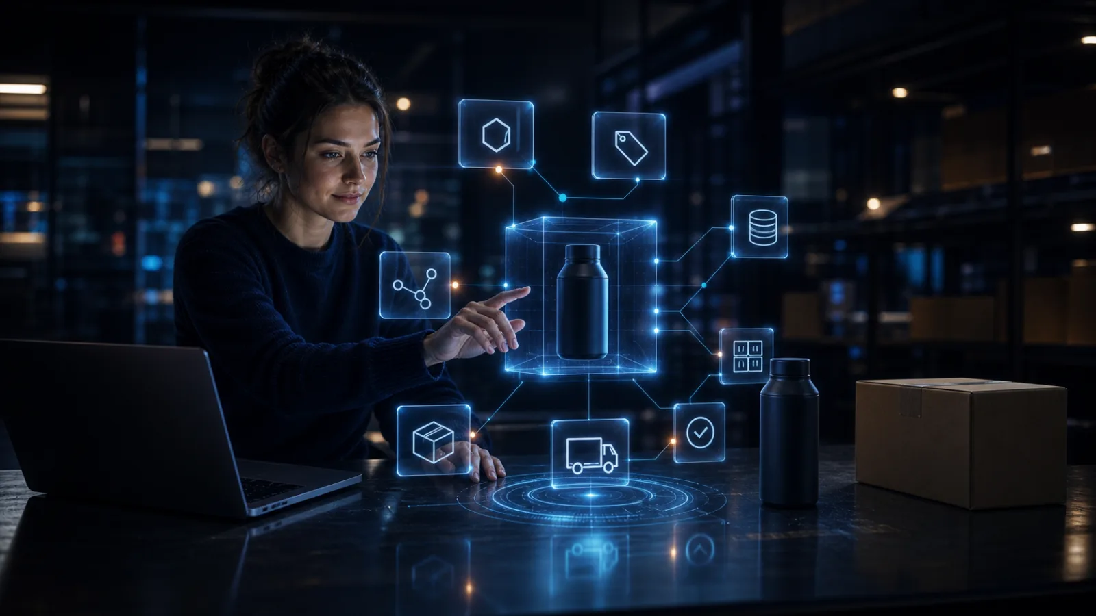 Shopbetreiberin verknüpft ein reales Produkt mit einem holografischen Netzwerk strukturierter Daten.