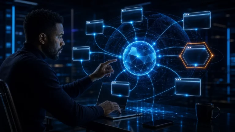 Unternehmer wählt in einem holografischen Domain-Netzwerk ein alternatives Markenportal aus.