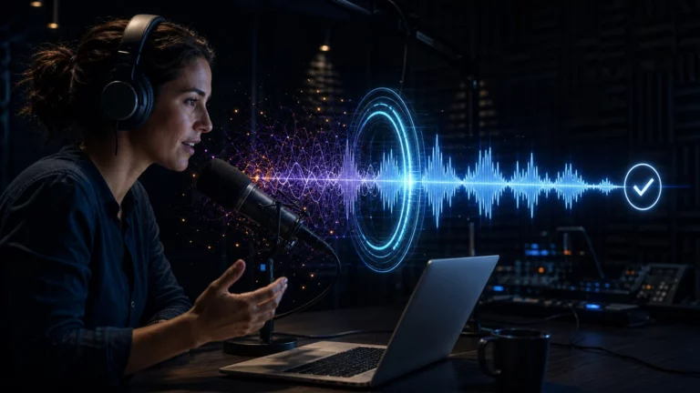 Podcasterin spricht in ein Mikrofon, während ein holografischer Filter eine verrauschte in eine klare Audio-Wellenform umwandelt.