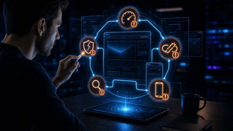 Digitalberater prüft fünf markierte Optimierungsfehler in einem holografischen Website-System.