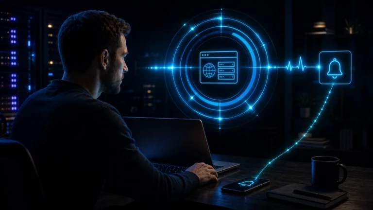 Website-Betreiber überwacht einen Serverknoten mit einem holografischen Uptime-Radar und Benachrichtigungskanal.