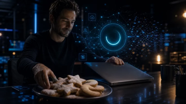 Kreativer schließt seinen Laptop und greift nach einem Teller mit Plätzchen, während ein holografisches Netzwerk herunterfährt.