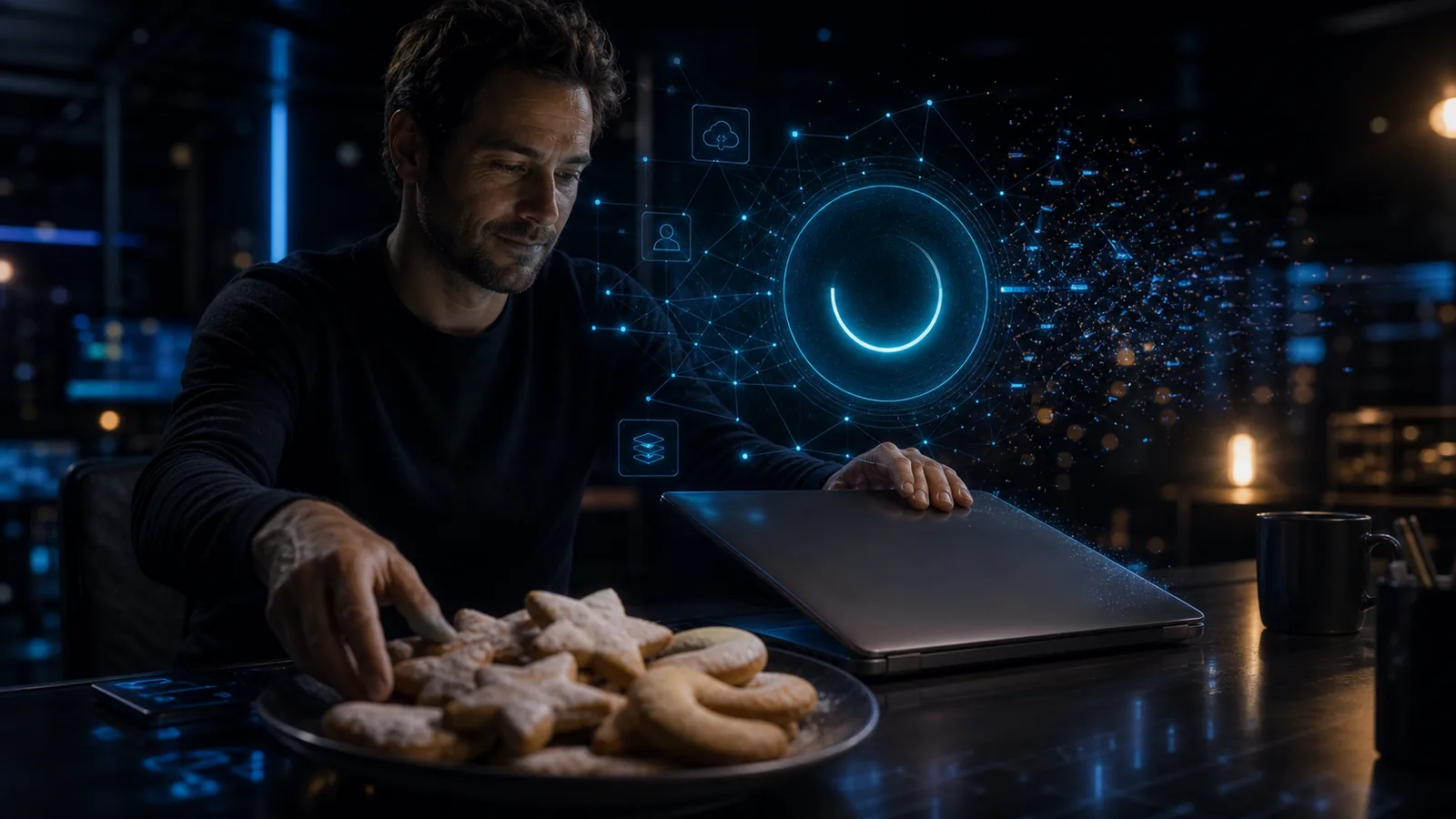 Kreativer schließt seinen Laptop und greift nach einem Teller mit Plätzchen, während ein holografisches Netzwerk herunterfährt.