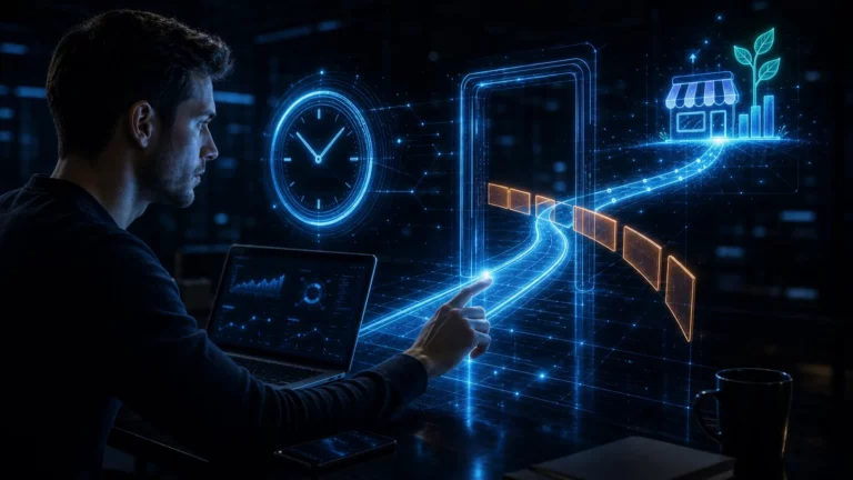 Gründer folgt einem holografischen Pfad von einer Uhr durch eine sich schließende Barriere zu einem wachsenden Geschäft.