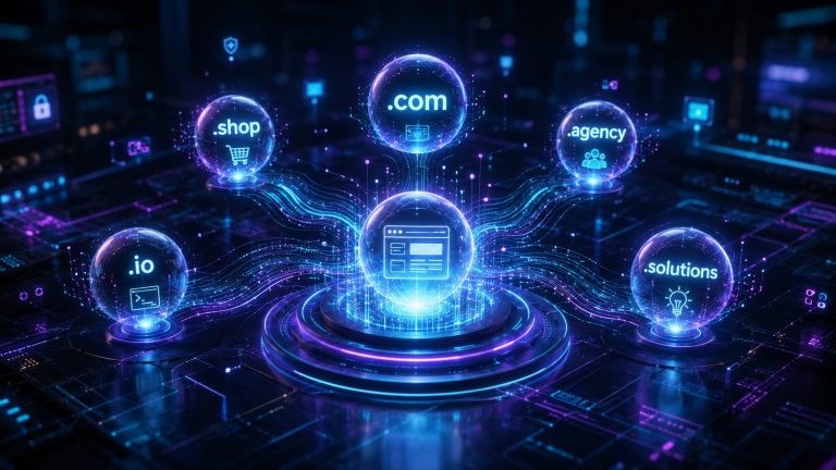 Vernetzte Domainendungen wie .com und .shop als Symbol fuer alternative Domains.