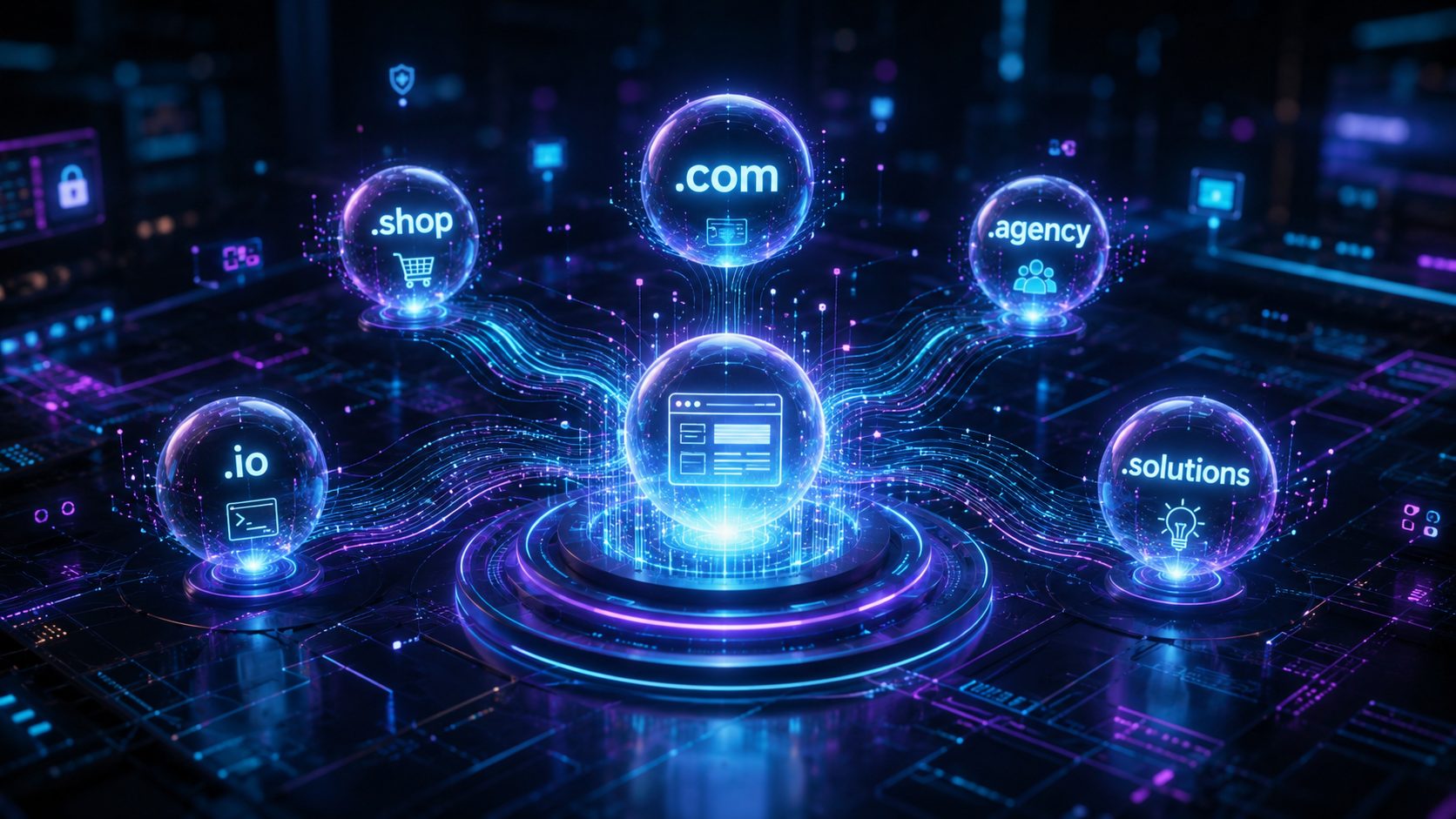 Vernetzte Domainendungen wie .com und .shop als Symbol fuer alternative Domains.