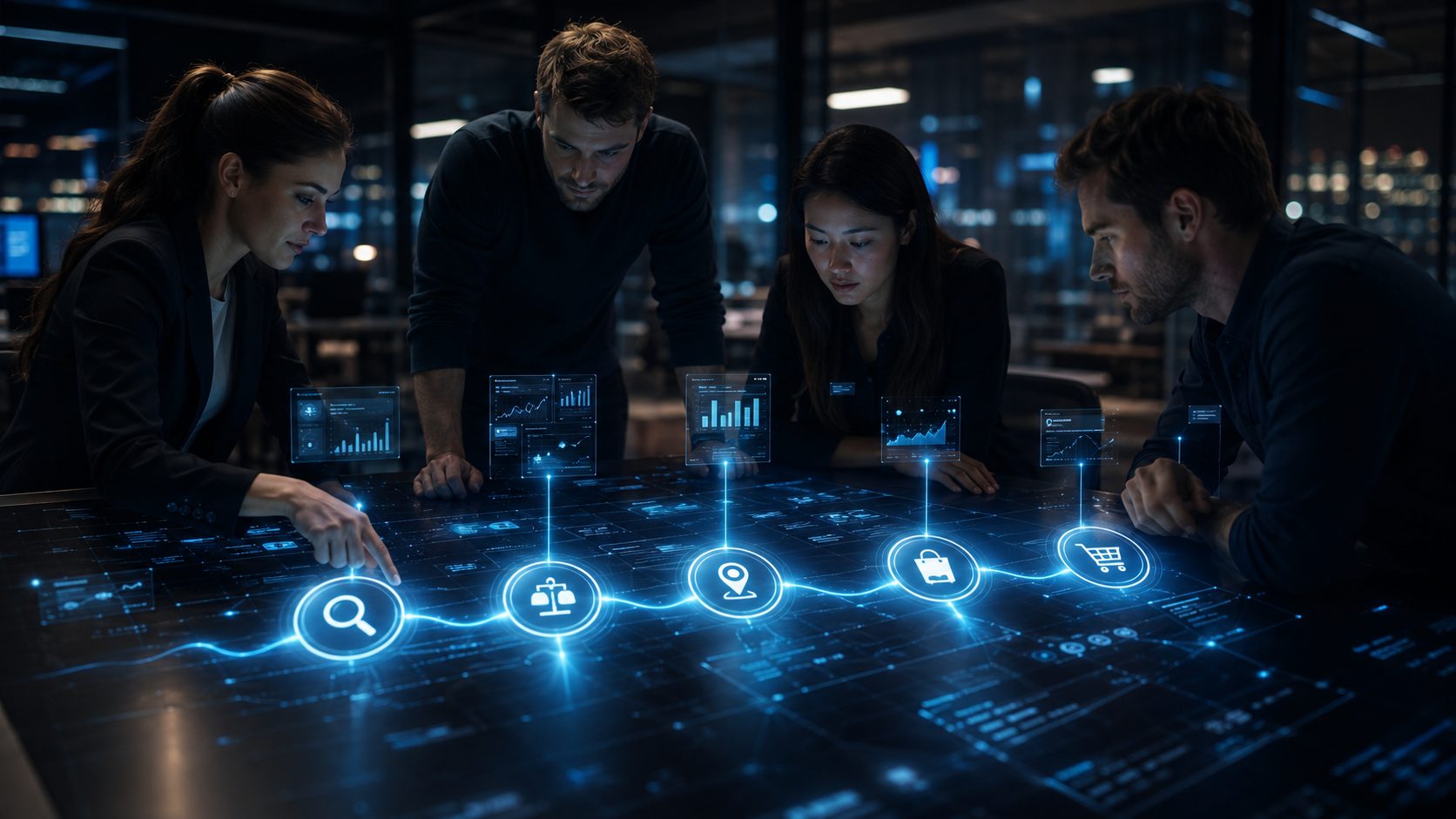 Team arbeitet an einer digitalen Wachstumsstrategie als Symbol fuer 10 Jahre Benz Digital.