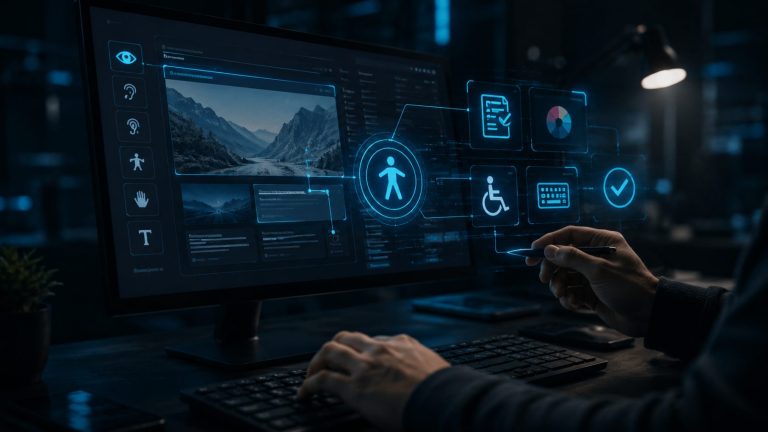Website-Dashboard mit Barrierefreiheits-Symbolen als Symbol fuer praktische BFSG-Umsetzung.