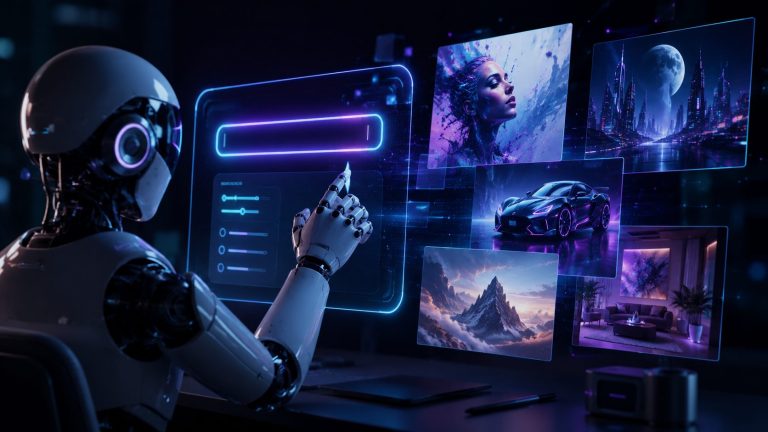 KI-generierte Bildwelten und Roboterarm als Symbol fuer ChatGPT 5 und kuenstliche Intelligenz.