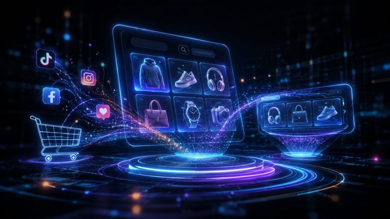 Social-Media- und Shopping-Oberflaechen als Symbol fuer Produktdiscovery im E-Commerce.