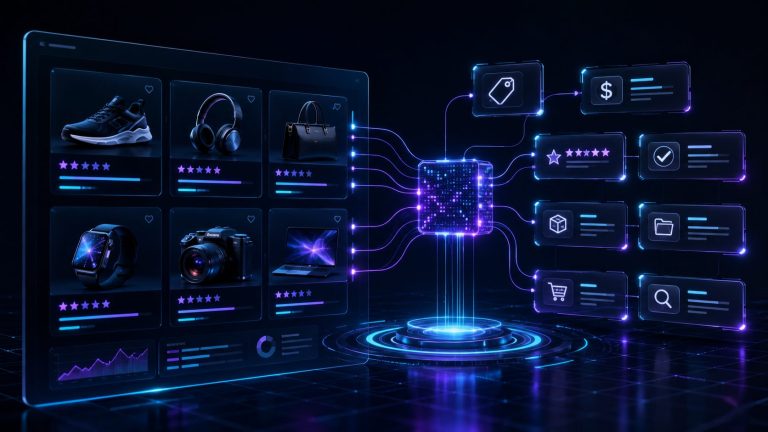 Produktdaten und vernetzte Shop-Informationen als Symbol fuer strukturierte Daten im E-Commerce.