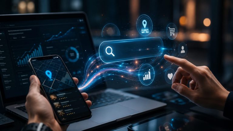 Smartphone-Suche und digitale Touchpoints als Symbol fuer Mikromomente im KMU-Marketing.