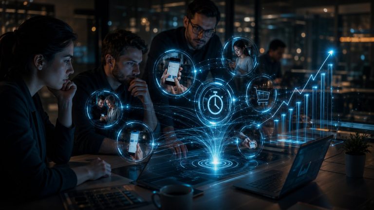 Team analysiert digitale Wachstumstrends als Symbol fuer Jahresabschluss und Tech-Ausblick 2026.