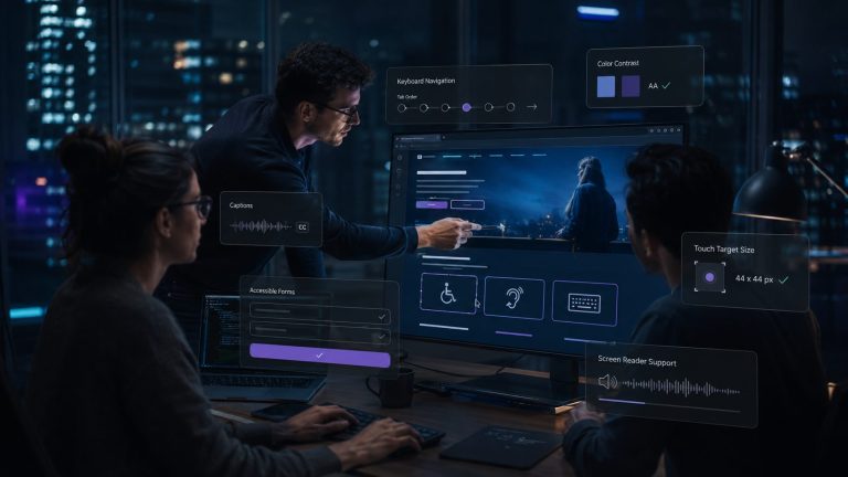 Team analysiert Website-Fehler und Optimierungspotenziale auf einem digitalen Dashboard.
