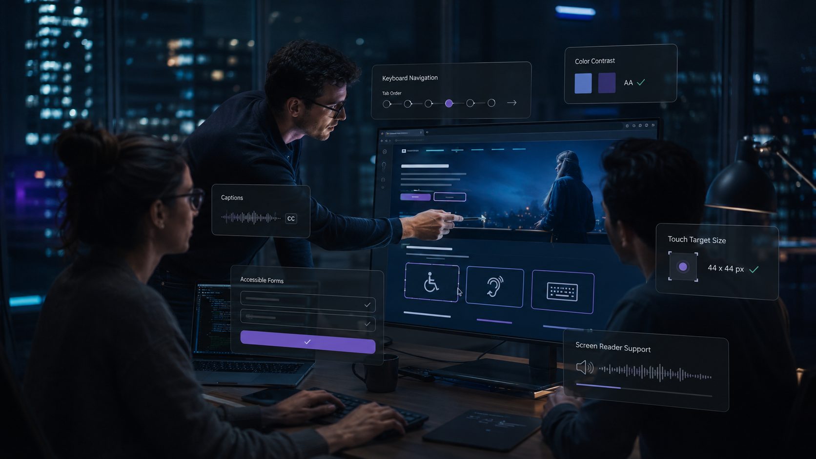 Team analysiert Website-Fehler und Optimierungspotenziale auf einem digitalen Dashboard.