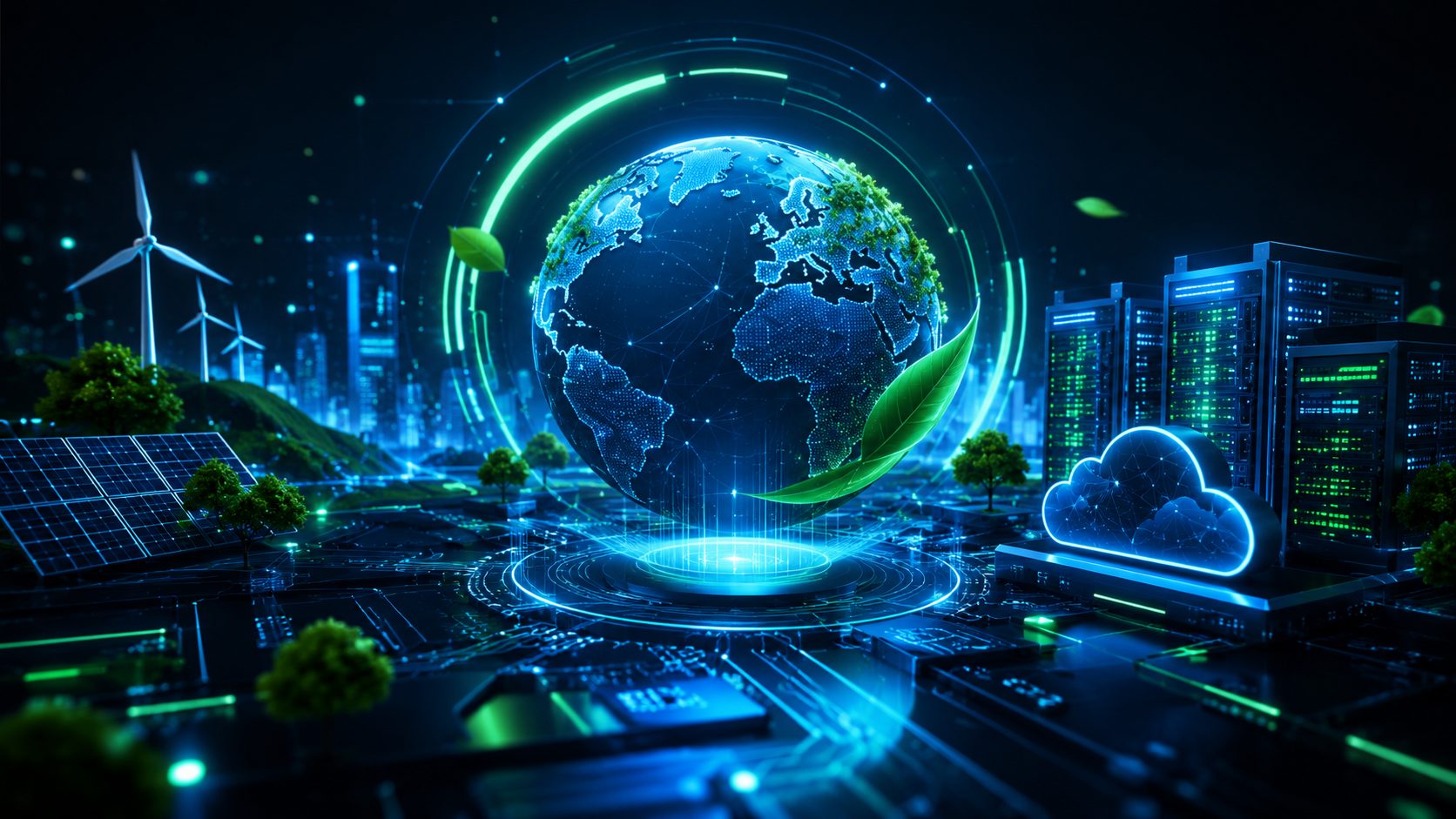 Gruene digitale Erde mit Rechenzentrum als Symbol fuer Nachhaltigkeit in der digitalen Welt.