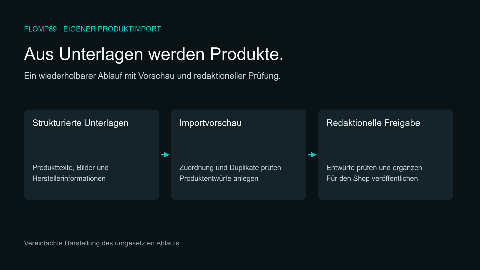 Strukturierte Produktunterlagen werden in der Importvorschau geprüft und als Entwürfe für die redaktionelle Freigabe angelegt.