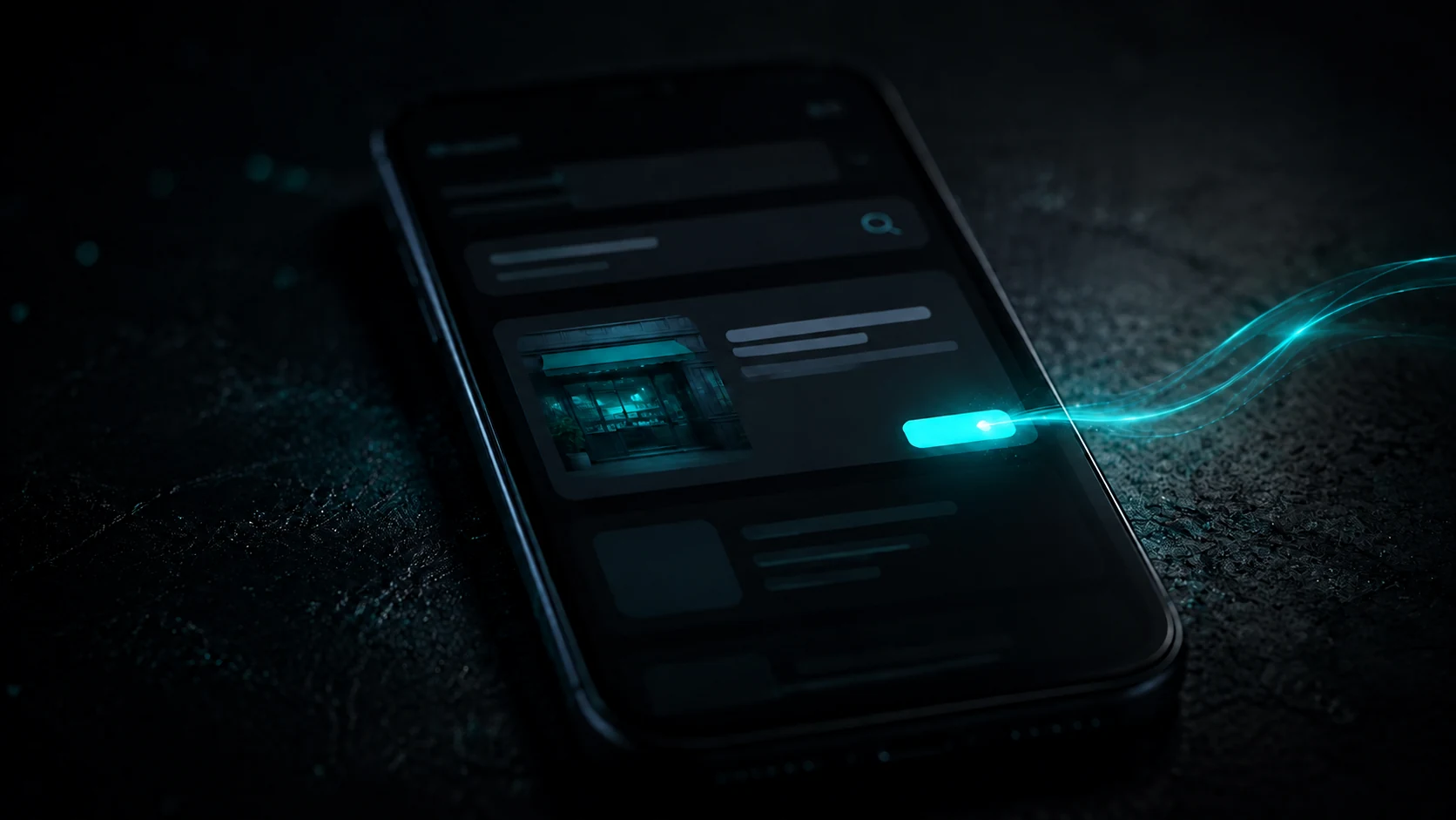 Ein türkisfarbener Lichtimpuls trifft die hervorgehobene Schaltfläche eines lokalen Suchergebnisses auf einem dunklen Smartphone.