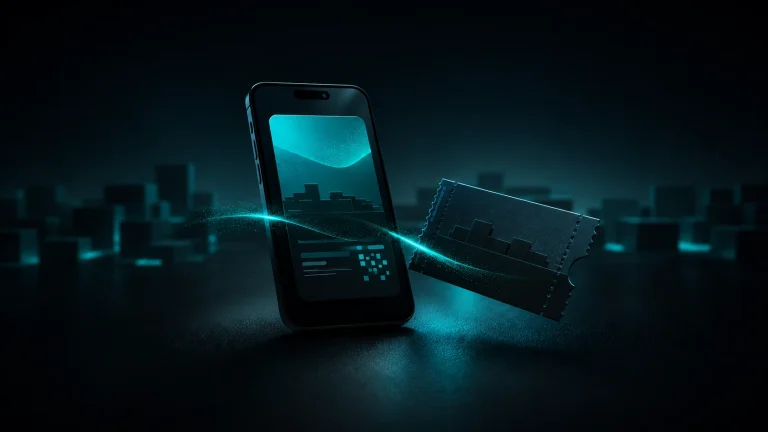 Schematischer digitaler Stadtpass auf einem Smartphone neben einem gelochten Ticket, verbunden durch türkisfarbenes Licht.