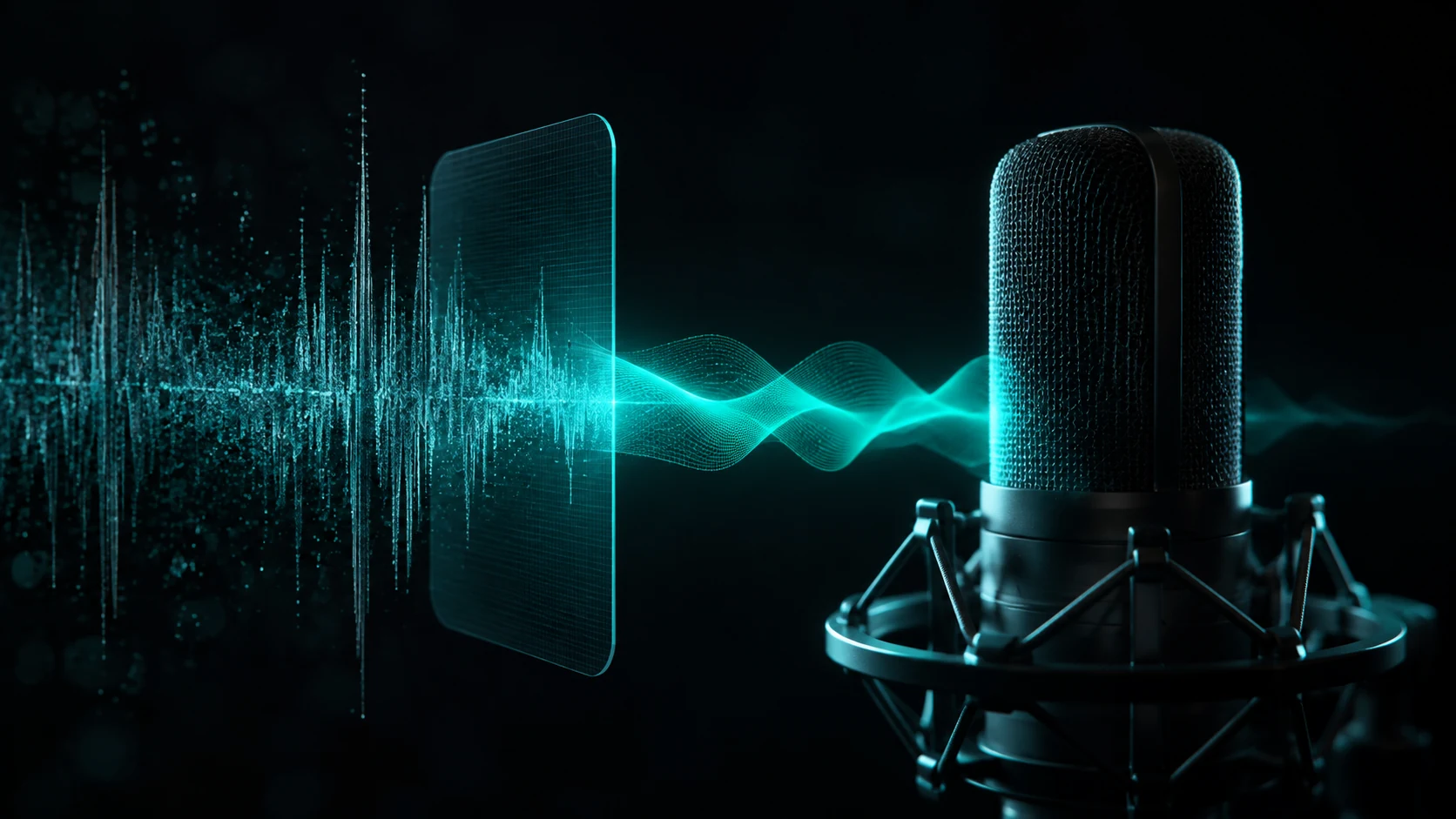 Schwarzes Studiomikrofon neben einer Filterfläche, die unruhige Audiopartikel in eine klare türkisfarbene Schwingung überführt.