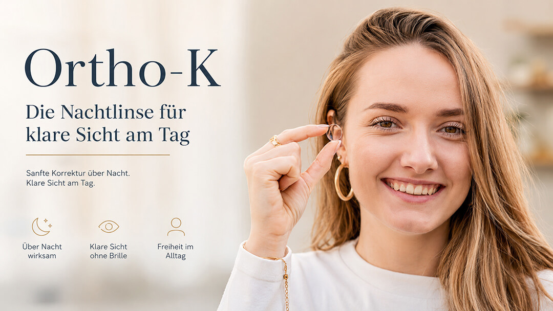 Ortho-K-Motiv von Brillen Krug: Eine Frau hält eine Kontaktlinse; links steht „Die Nachtlinse für klare Sicht am Tag“.