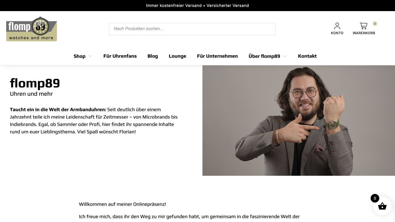 Originalansicht von flomp89 mit Einstiegen in Shop, Uhrenwissen, Blog, Lounge und Unternehmensangebote.