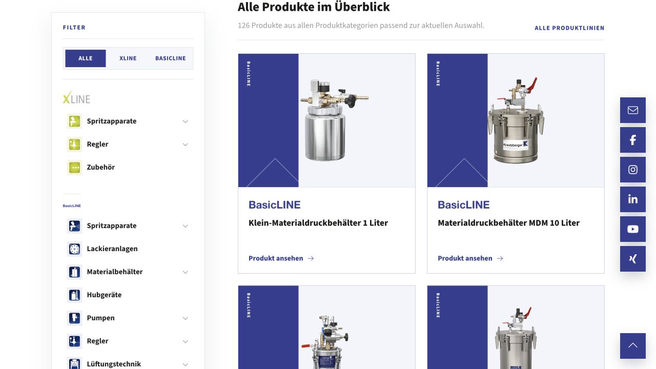 Relaunchansicht der Krautzberger-Produktübersicht mit Produktlinien, Kategorien und Materialbehältern.
