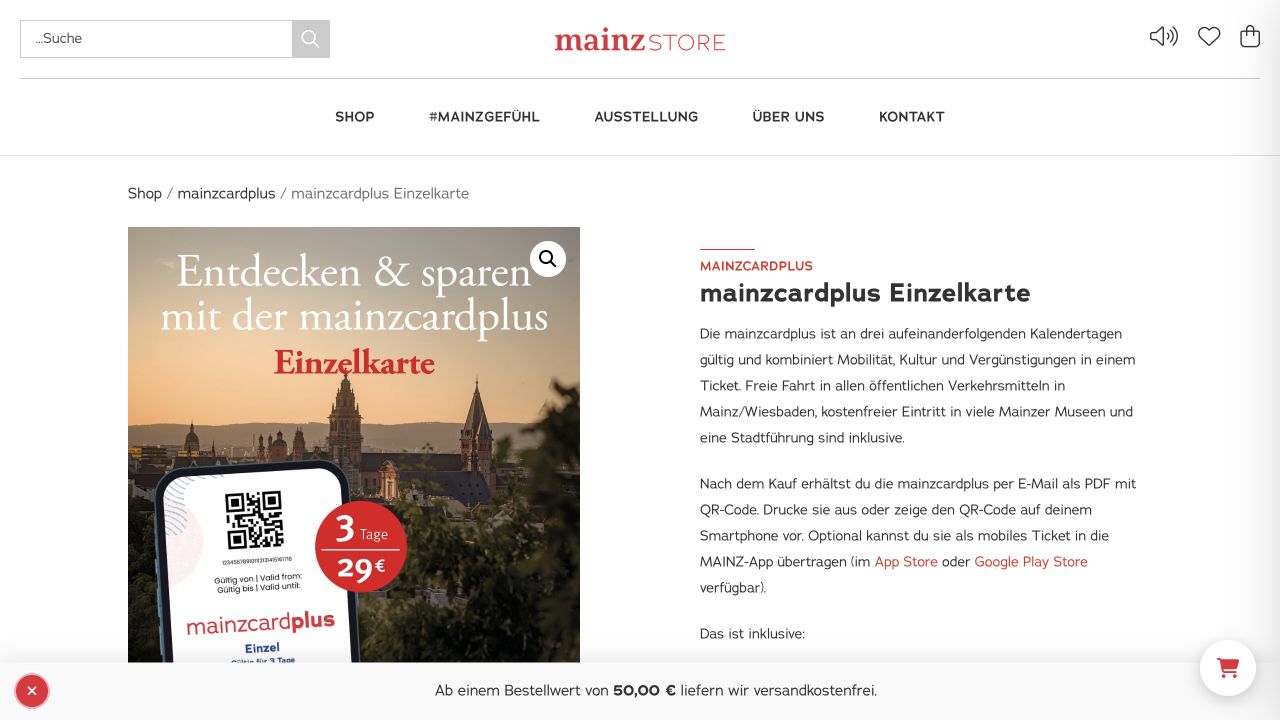 Originalansicht der MainzCARDplus-Produktseite mit Karte und Beschreibung des digitalen Versands.