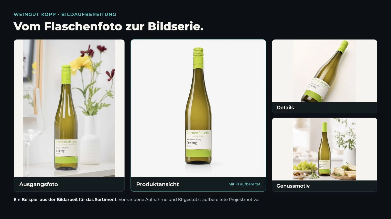 BenzDigital-Bildstrecke: ursprüngliches Flaschenfoto des Niersteiner Oelberg Rieslings neben der mit KI aufbereiteten Produktansicht, einer Detailansicht und einem Motiv mit Käse, Birne und Trauben.