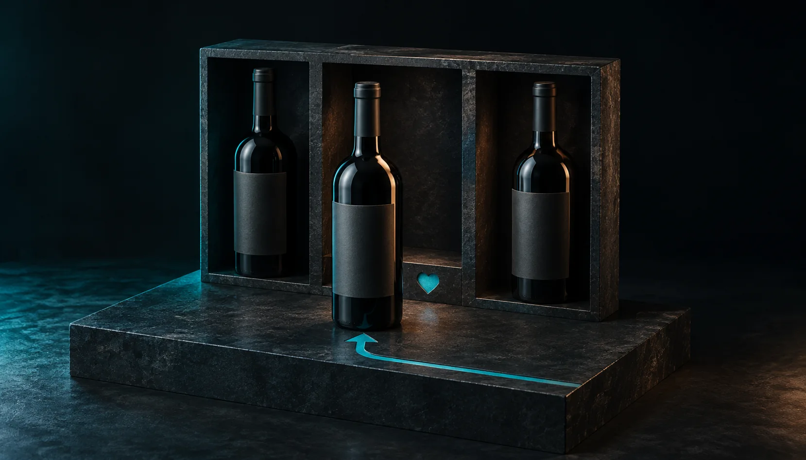 Ein Weinregal und eine ausgewählte Lieblingsflasche mit türkisfarbenem Herz und Rückkehrpfeil.