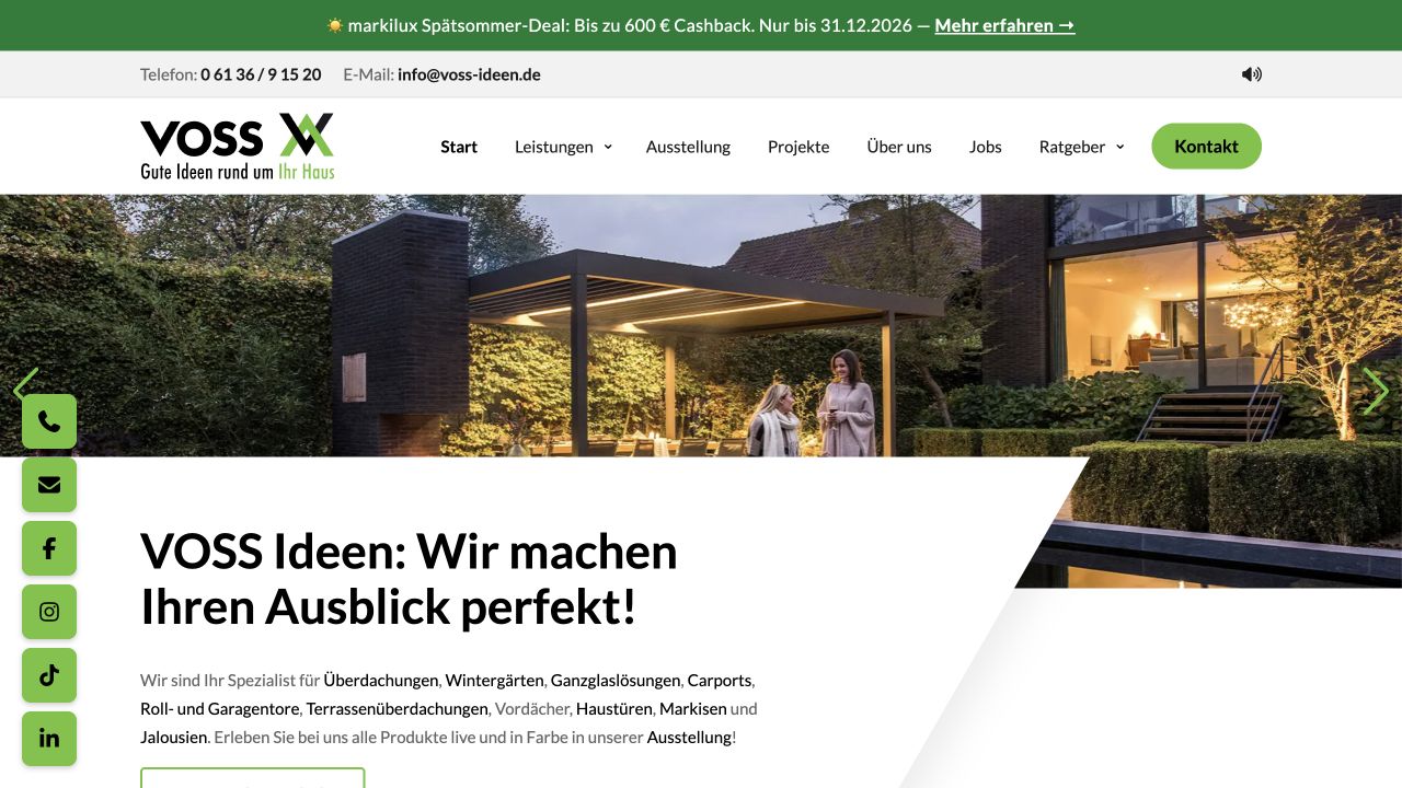 Screenshot der VOSS-Website mit Logo, Navigation, Produktmotiv und dem Einstieg Wir machen Ihren Ausblick perfekt.