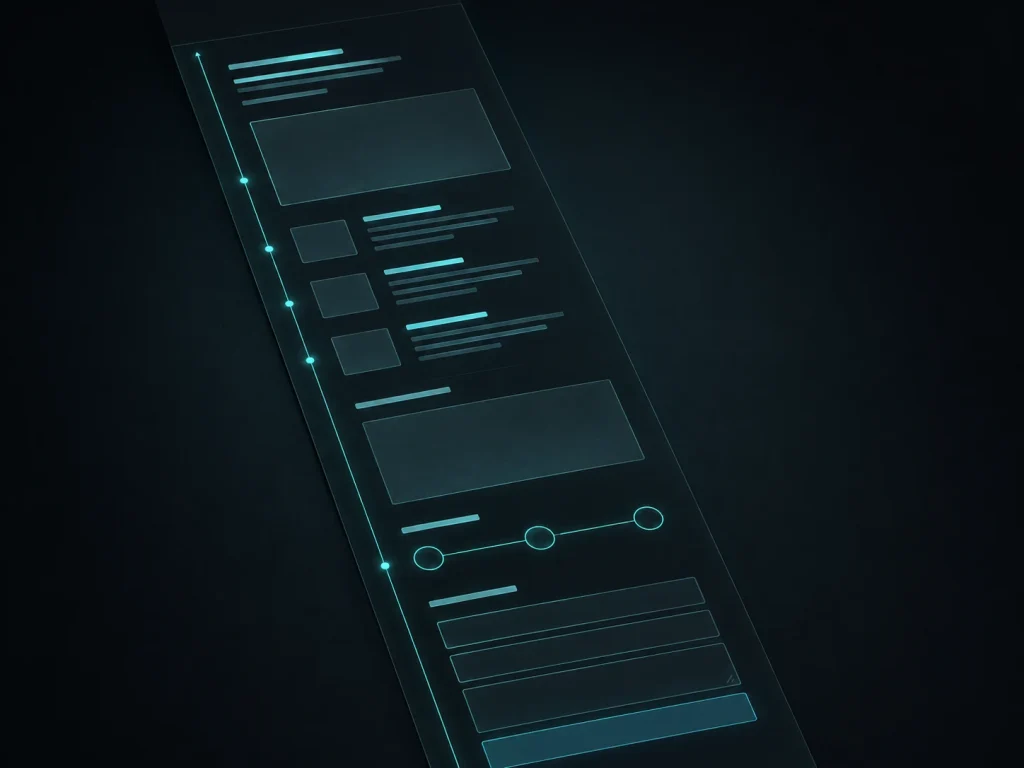Langgezogener Landingpage-Wireframe mit Inhaltsblöcken, Prozessschritten und Formular entlang einer türkisen Leselinie.