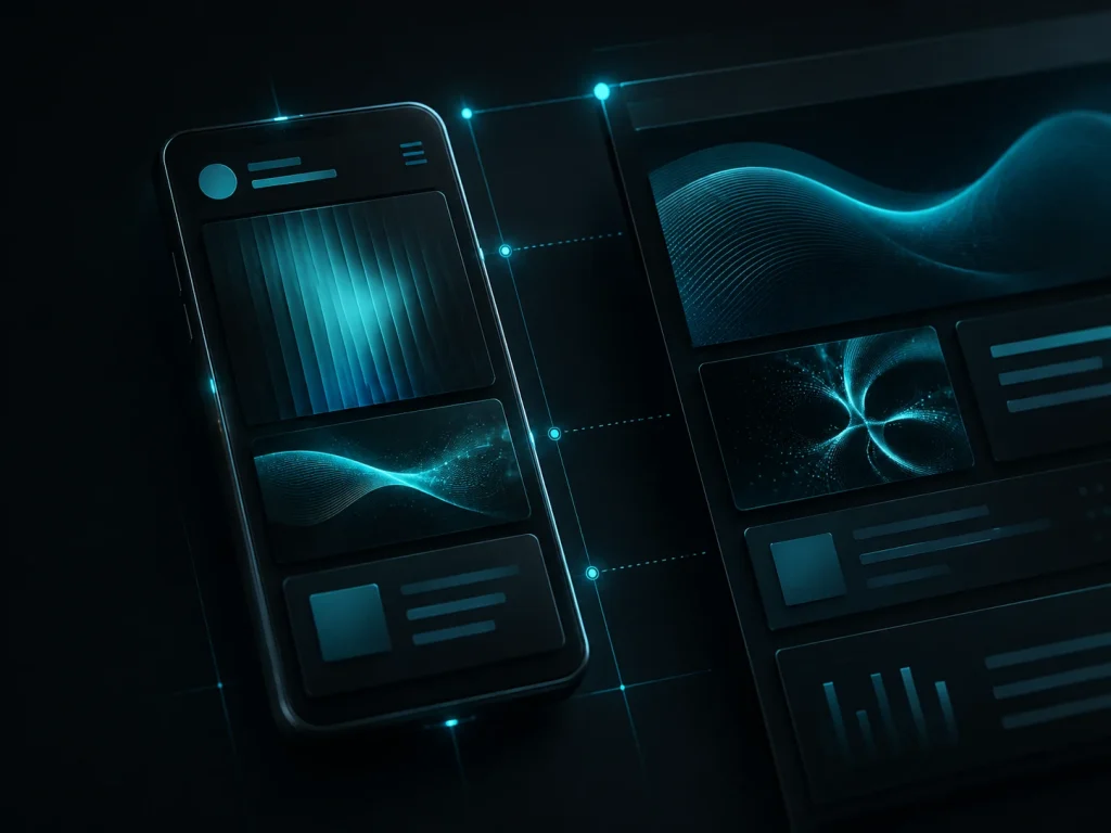 Mobile Webseitenansicht und breites Komponentenlayout mit türkisfarbenen Ausrichtungslinien.