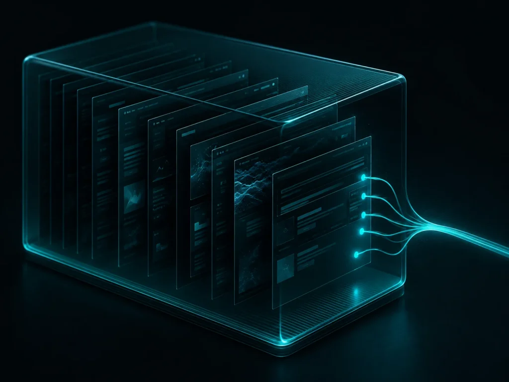 Mehrere schematische Webseiten liegen geordnet in einer dunklen transparenten Archivhülle und sind mit türkisen Linien verbunden.