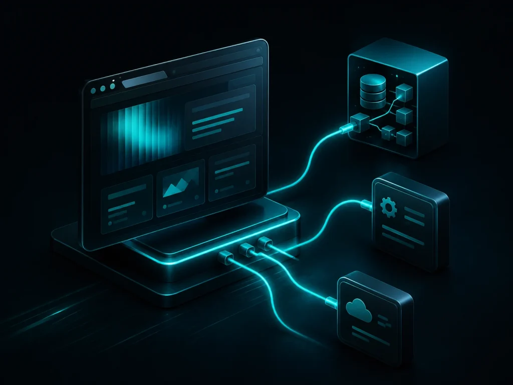 Schematische Website ist über türkise Leitungen mit Datenbank, Systemmodul und Cloud-Modul verbunden.