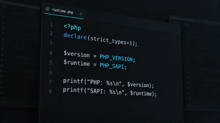PHP-Code zur Ausgabe von Version und Betriebsart in einem dunklen Editor mit Cyan-Akzenten.