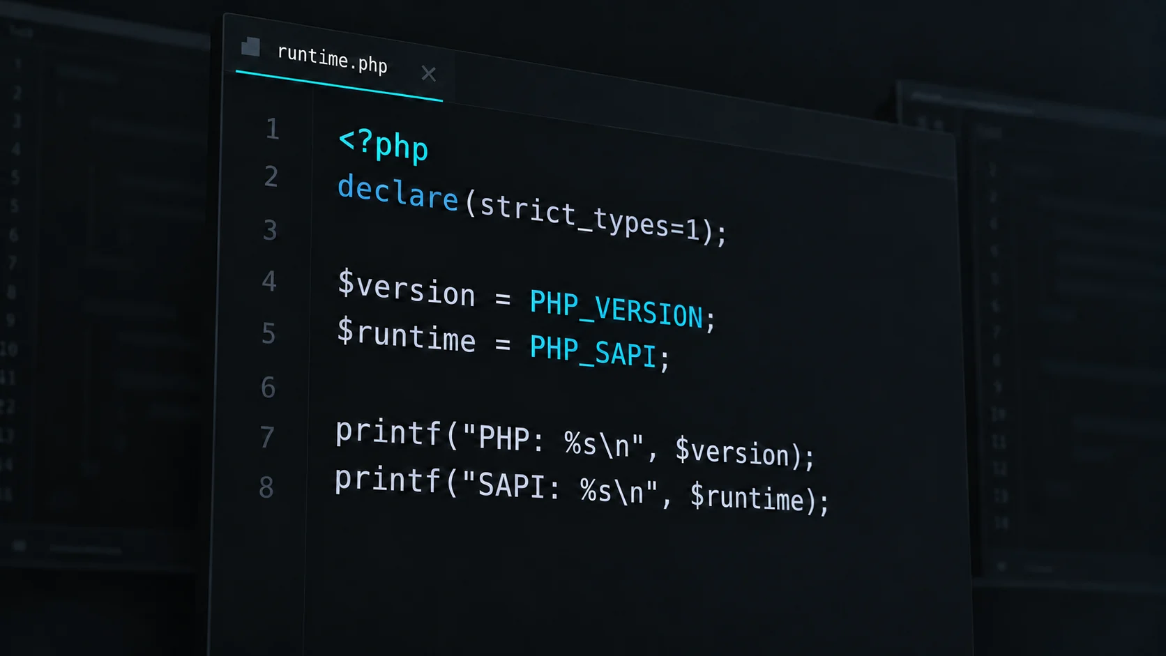 PHP-Code zur Ausgabe von Version und Betriebsart in einem dunklen Editor mit Cyan-Akzenten.